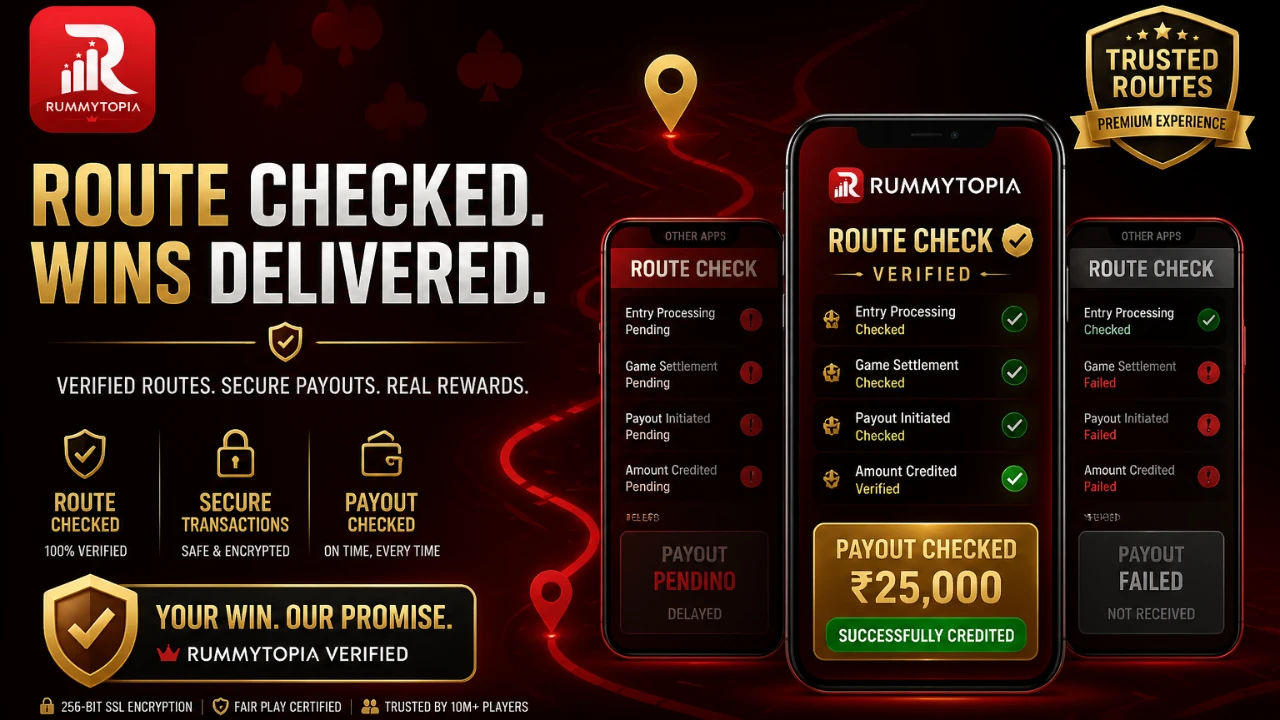 Rummytopia route-check banner showing reward cues, payout labels, secure mobile app comparisons, and polished red-and-gold interface details
